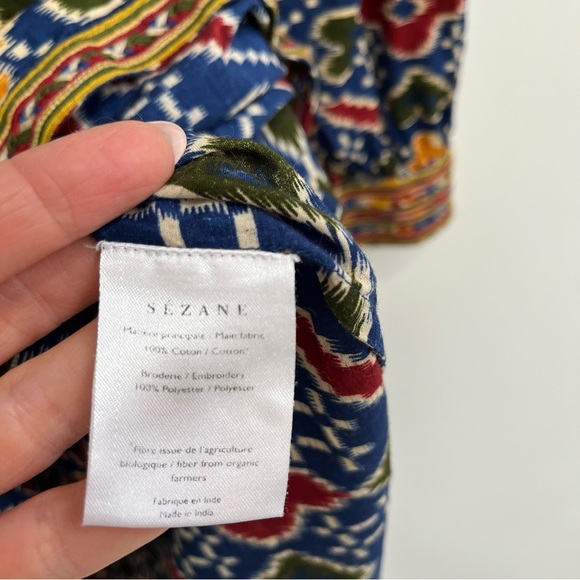 Sezane Robe Glorina Midi Dress in Candy Multicolor Ikat Print Embroidered Trim - Picture 15 of 16